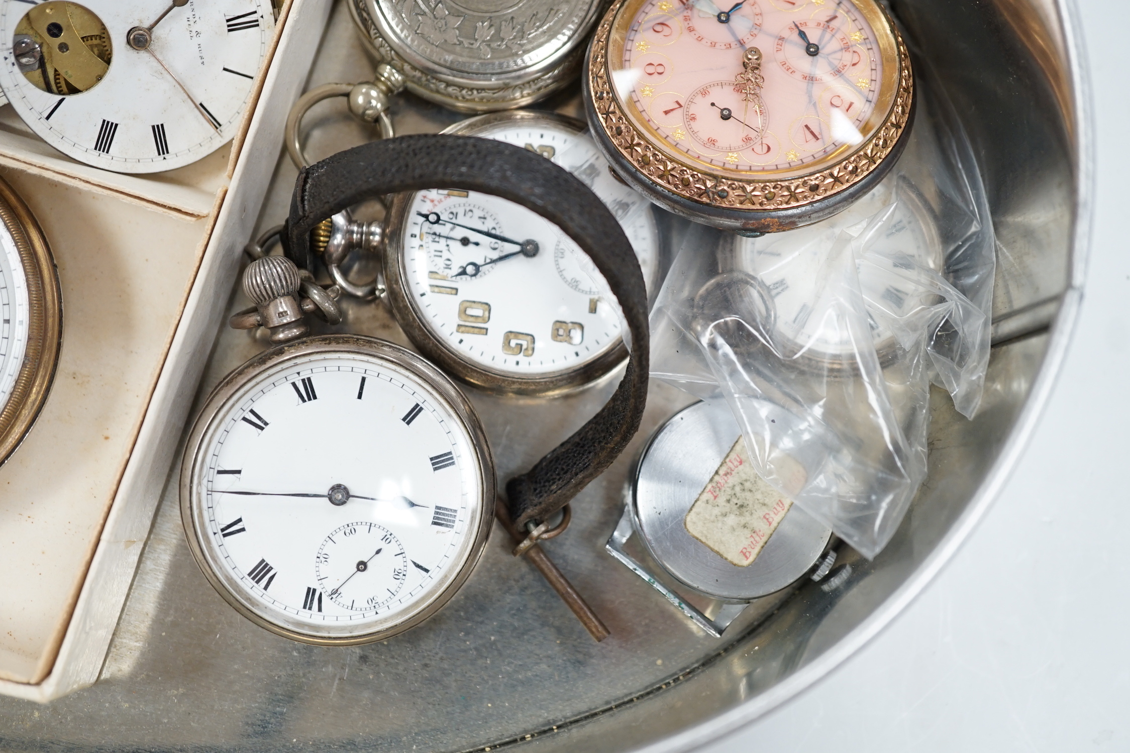 A 19th century silver pair cased pocket watch by Phillips of Ludlow, other pocket watches and movements etc, including silver, gun metal and enamel.